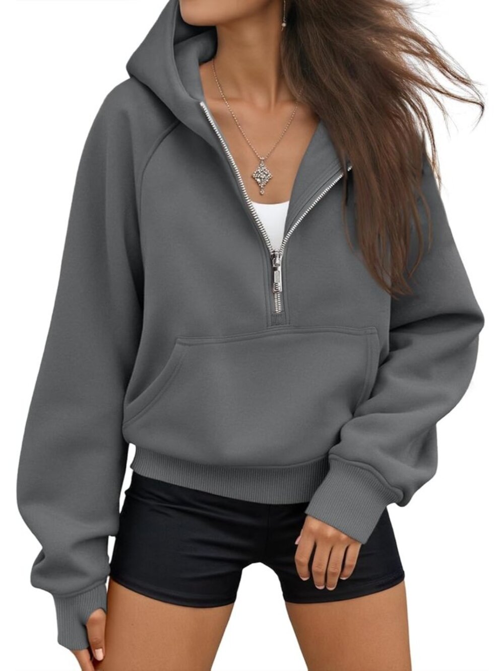 〽️Women Dark Grey Half Zip Up Hooded Neck Fleece Lined Pocket Travel Sweatshirt
